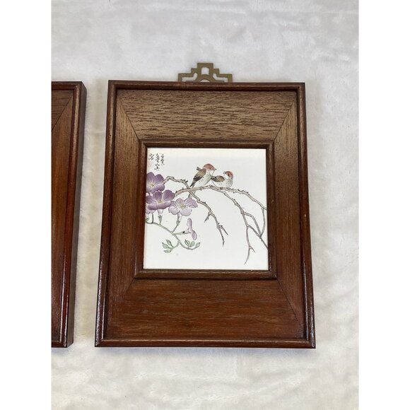 Vintage Signed Chinese Hand Painted Landscape Porcelain Tiles Birds Brass Hanger - Picture 3 of 10